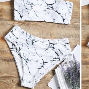 Marble print high waisted bandeau bikini set